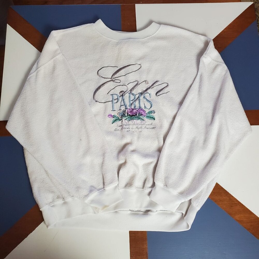 Vintage Express Sweatshirt Paris Womens Medium M White Floral Embroidery FLAW